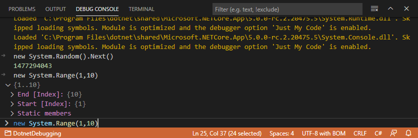 Captura de tela do console de depuração do Visual Studio Code.