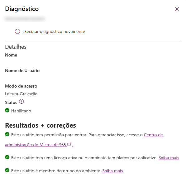 Captura de tela da saída do diagnóstico de execução.