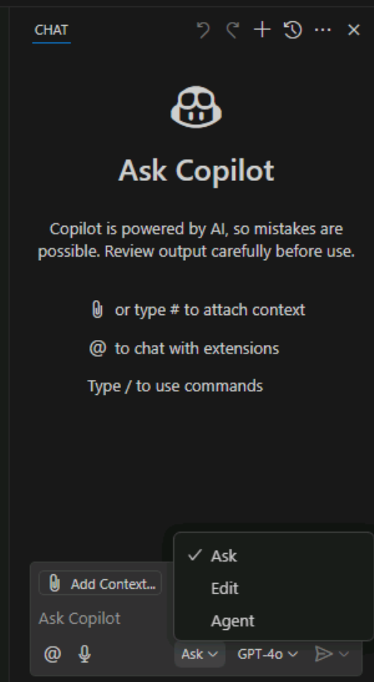 Captura de tela mostrando como acessar o modo de exibição Chat no Visual Studio Code.