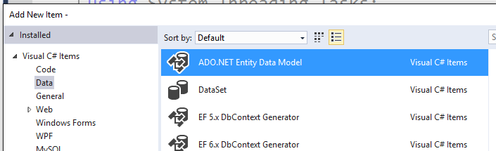 Captura de tela que mostra como criar um novo Modelo de Dados de Entidade ADO.NET usando a caixa de diálogo Adicionar Novo Item.