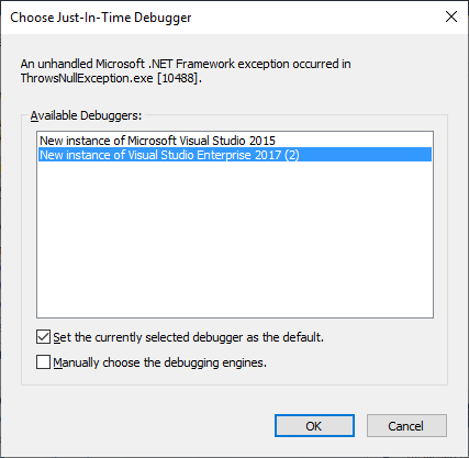 Captura de tela da caixa de diálogo Choose Just-In-Time Debugger, que aparece depois que a exceção aparece na janela do console ThrowsNullException.exe.