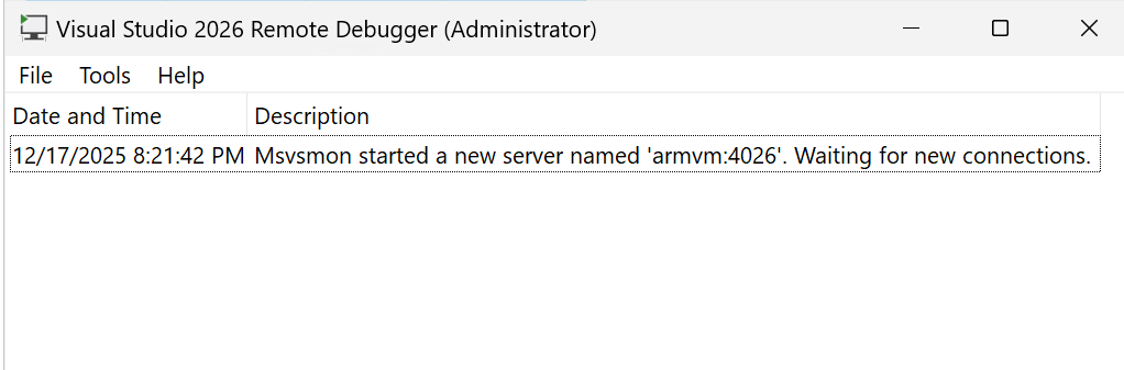 Captura de ecrã da janela do depurador remoto