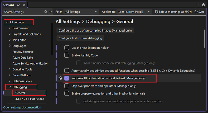 Captura de tela da opção Suprimir otimização JIT na depuração de carga do módulo.