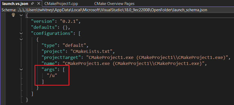 Captura de ecrã do ficheiro launch.vs.json com o elemento args realçado