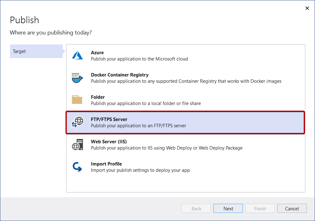 Captura de tela mostrando a opção publicar no servidor FTP ou FTPS.