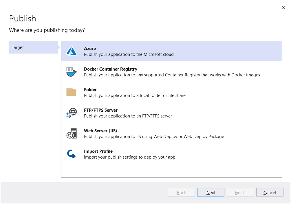Captura de tela mostrando o assistente de publicação, mostrando os destinos de publicação disponíveis.