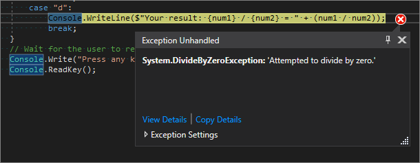 Captura de ecrã do editor Visual Studio Code mostrando uma linha destacada a amarelo e um erro de Exceção Não Tratada para 'Tentou dividir por zero'.
