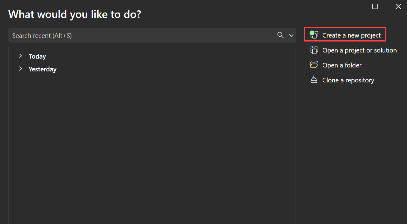 Captura de tela que mostra a janela Criar um novo projeto.