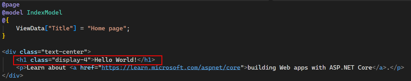 Captura de tela mostra o arquivo Index.cshtml no editor de código do Visual Studio com o texto 'Bem-vindo' alterado para 'Olá mundo!'.