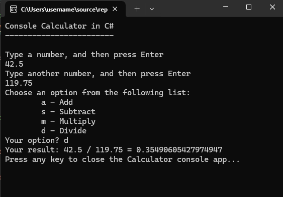 Captura de ecrã de uma janela da Consola que mostra a aplicação Calculadora que agora aceita números decimais e devolve um resultado decimal mais longo.