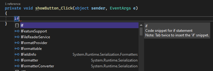 Captura de tela mostra o IntelliSense com código nítido do Visual C.
