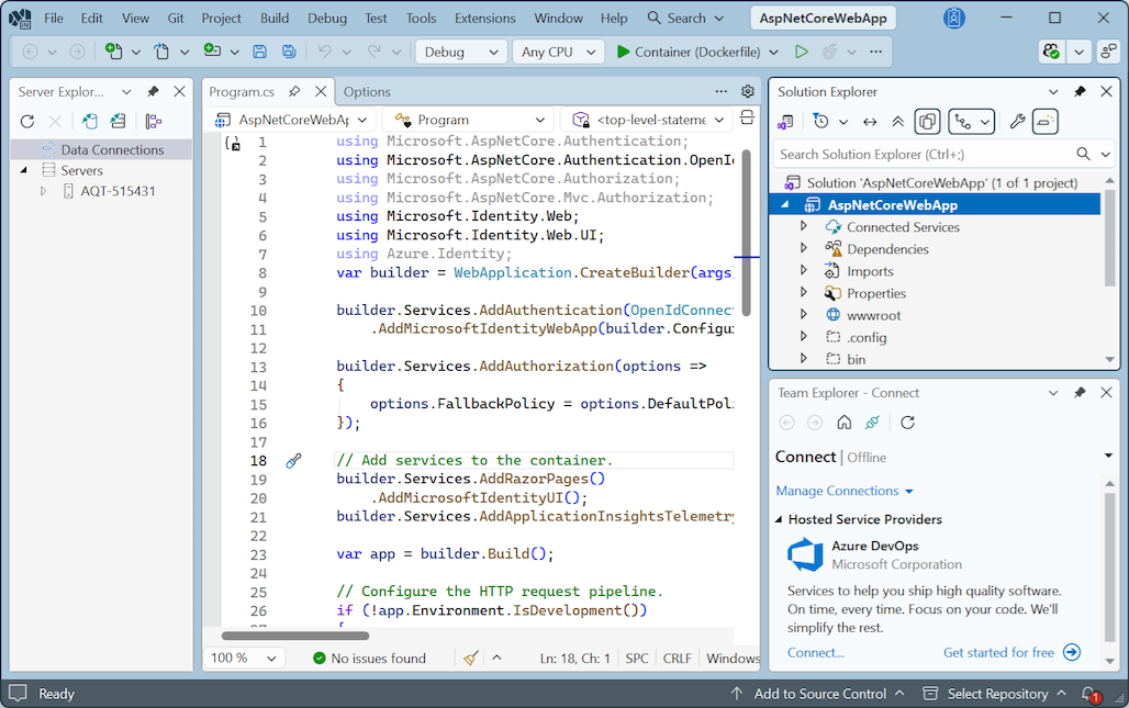 Captura de tela que mostra o Visual Studio no tema Cool Breeze.