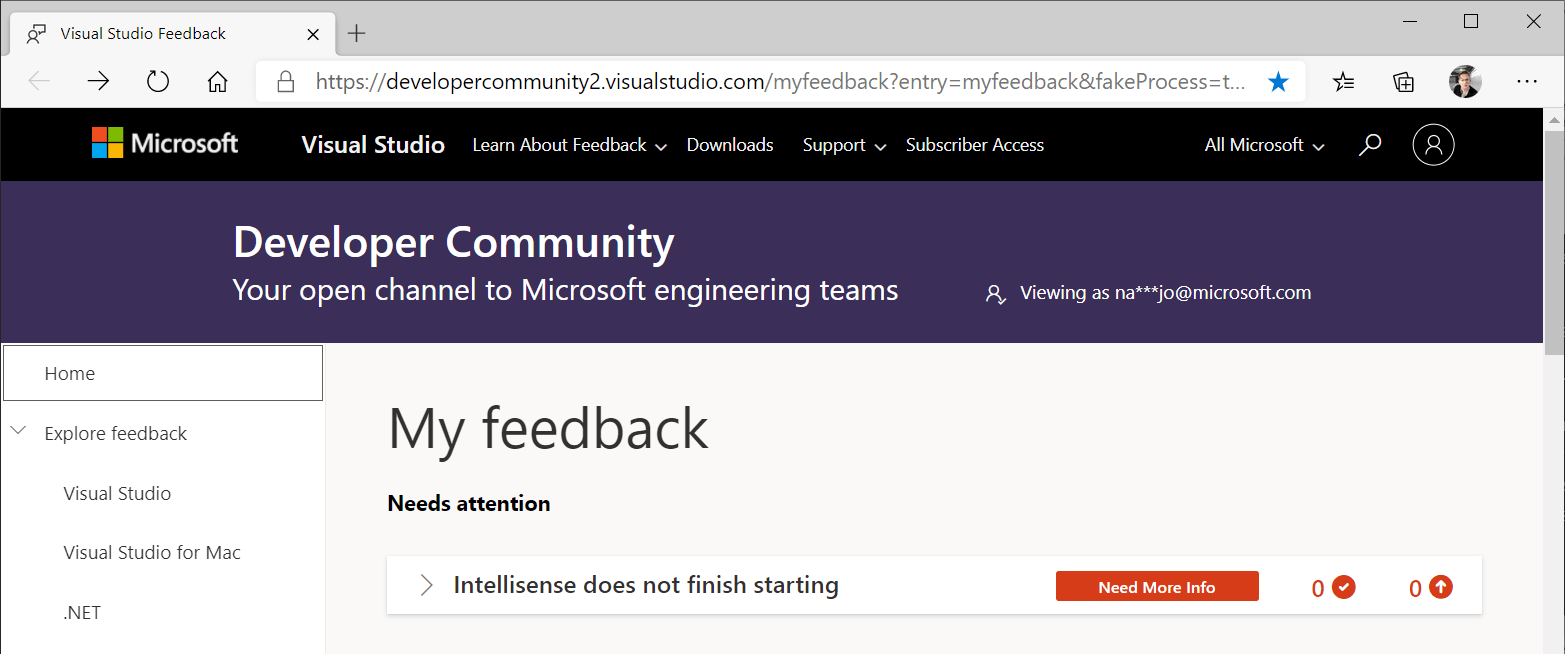 Captura de tela da página inicial da janela Comentários do Visual Studio. Um item de feedback é listado e marcado com um rótulo 