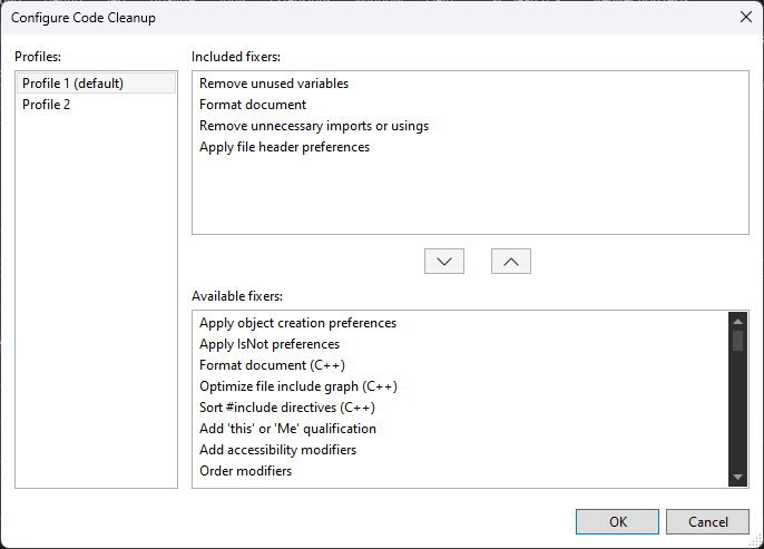 captura de ecrã de Configurar limpeza de código.