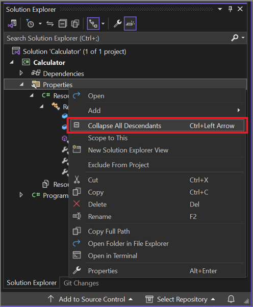 Captura de ecrã do comando Recolher Todos os Descendentes a partir do menu de contexto do botão direito do rato no Explorador de Soluções.