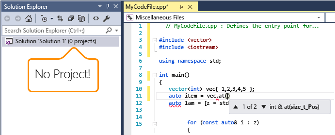 Visual C++ IntelliSense de arquivo único