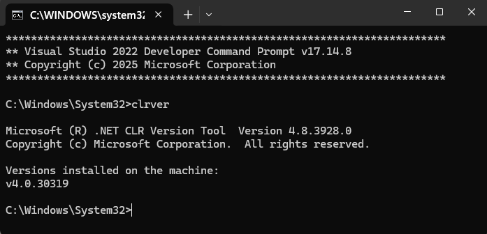 Captura de tela do prompt de comando do desenvolvedor para Visual Studio.