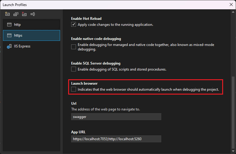 Captura de ecrã mostrando a interface de utilizador para perfis de lançamento de depuração.