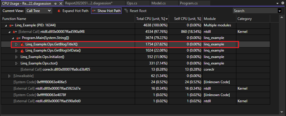 Captura de tela do uso aprimorado da CPU na visualização Árvore de chamadas da ferramenta Uso da CPU.