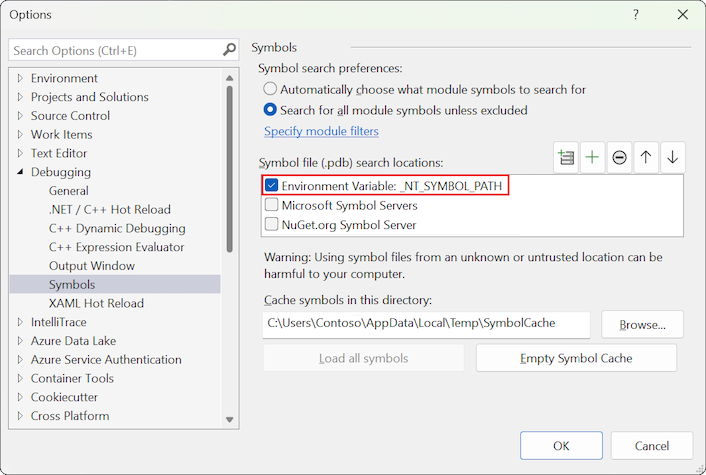 Captura de ecrã que mostra as Ferramentas, as Opções, a Depuração e as opções de Carregamento de Símbolos.