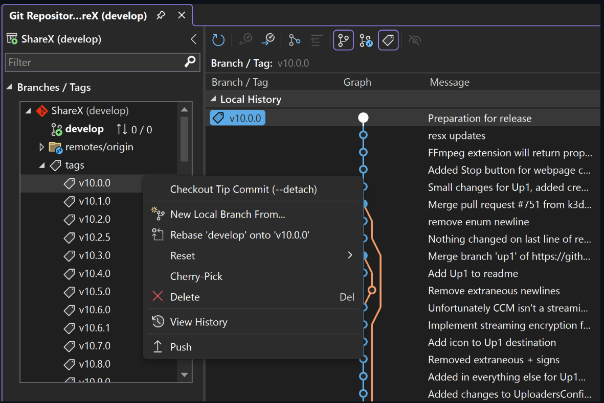 Captura de tela que mostra tags git na janela Repositório Git.
