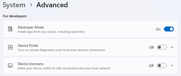 Uma captura de tela das configurações avançadas do Windows para desenvolvedores, mostrando o Modo de Desenvolvedor, o Portal de Dispositivo e a descoberta de Dispositivo.