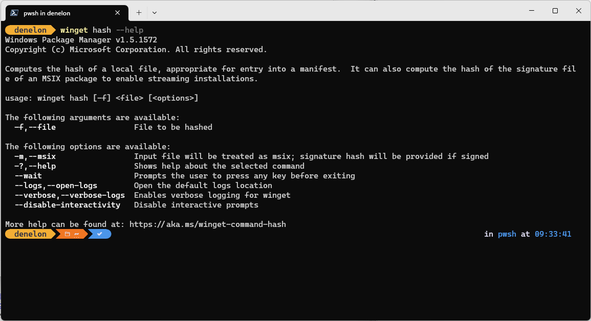 opções de ajuda do comando `hash` do winget